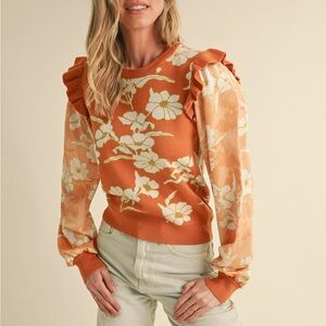 &Merci Floral Orange Sweater with Ruffled Shoulders Medium